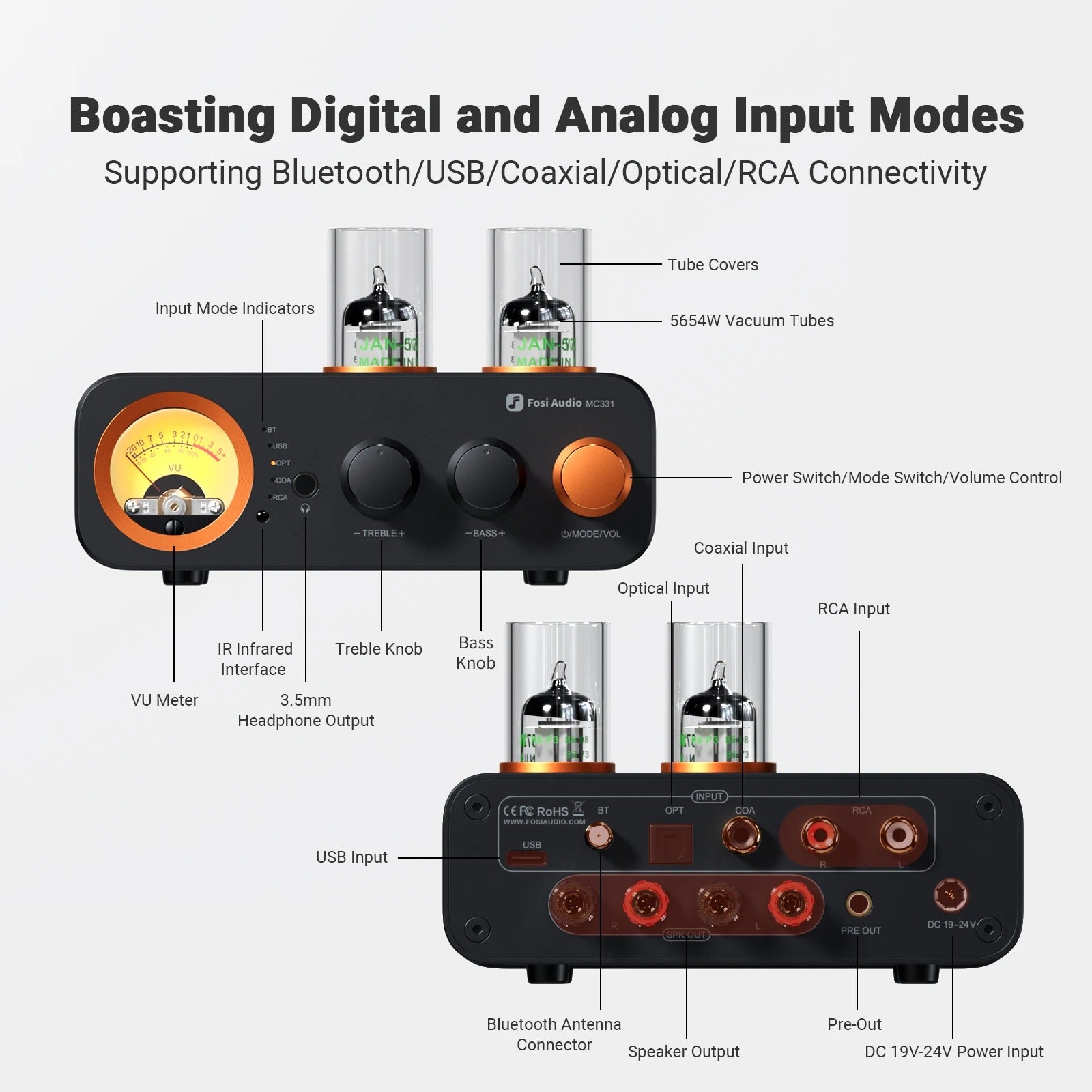Fosi Audio MC331 2.1 Channel Tube Integrated Bluetooth Amplifier with DAC and VU Meter