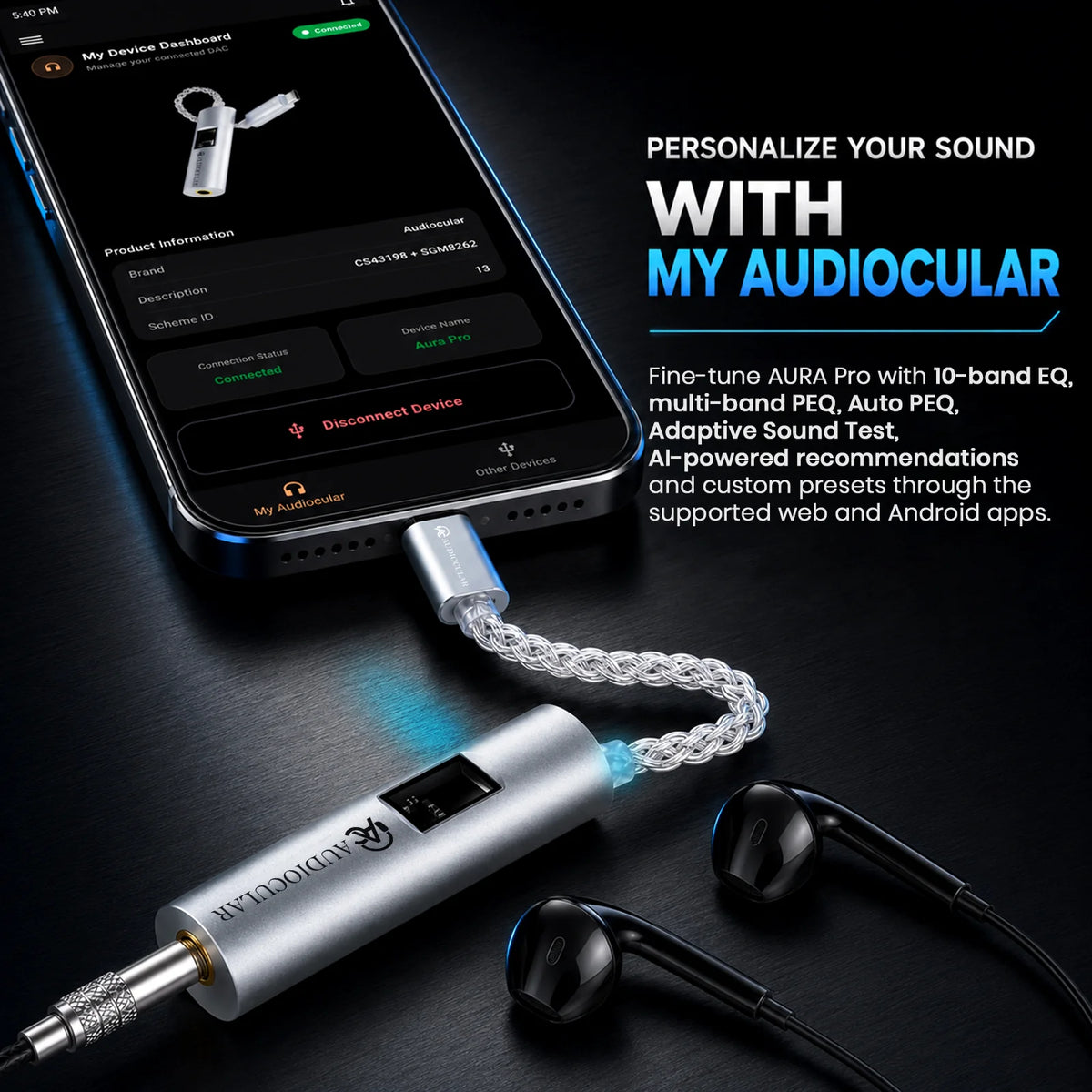 AUDIOCULAR AURA Pro Hi-Res Portable DAC Dongle CS43198 + SGM8262 Amp