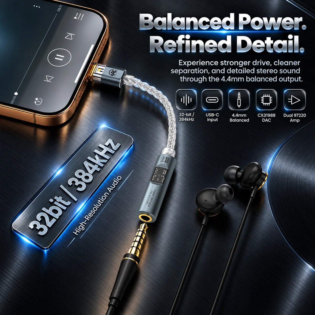 AUDIOCULAR Spark Type C to 4.4mm Balanced Portable Hi-Res DAC & Amp