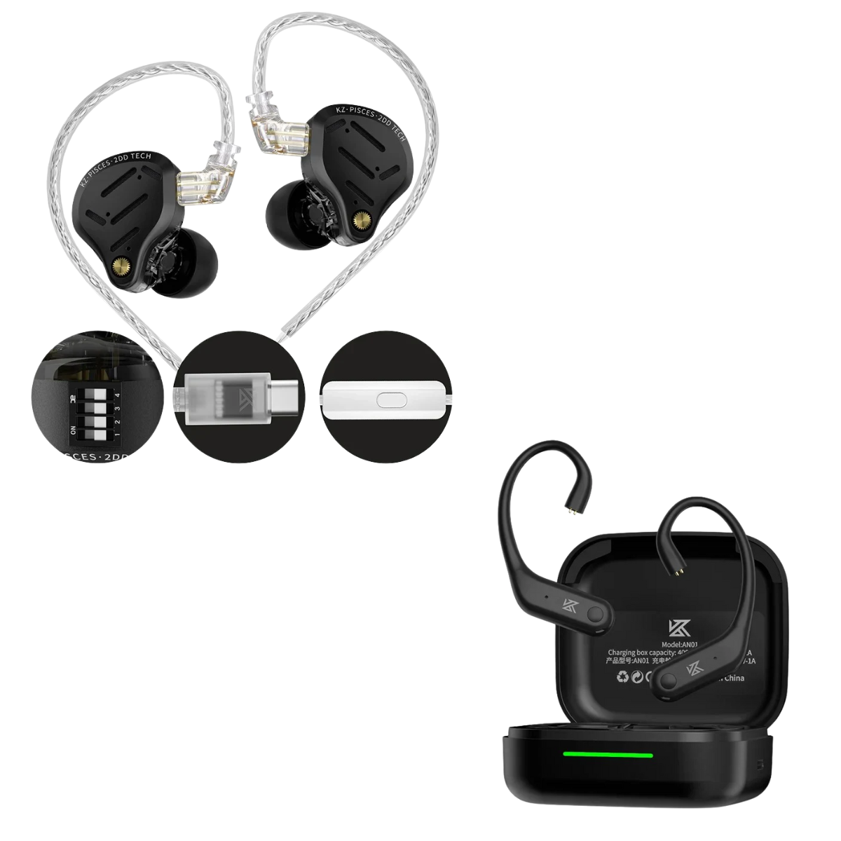 KZ Pisces 2DD IEM With Mic & KZ AN01 ANC Enabled True Wireless Adapter