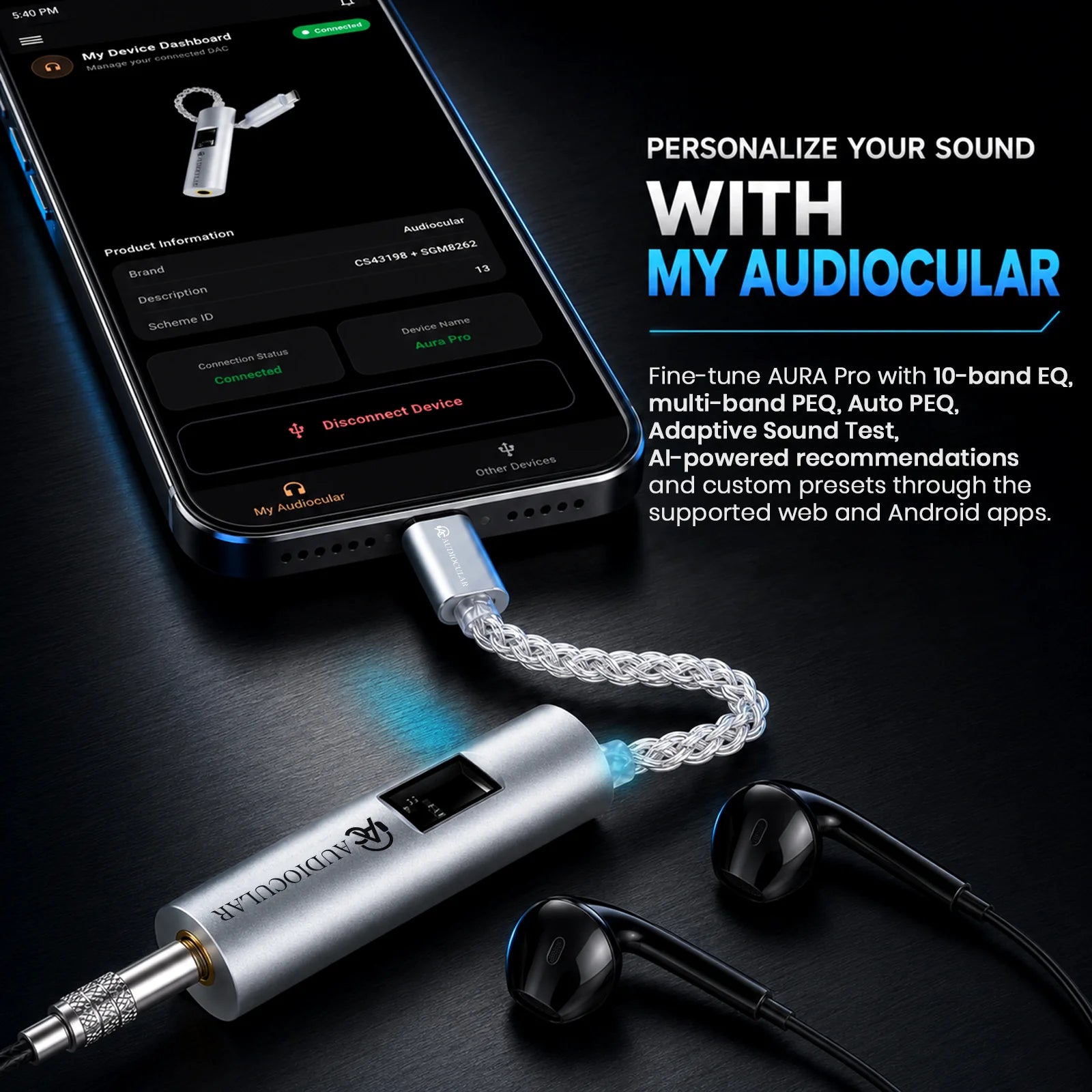 AUDIOCULAR AURA Pro Hi-Res Portable DAC Dongle CS43198 + SGM8262 Amp