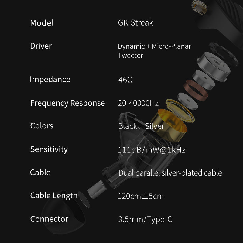 GK Streak Dynamic + Micro Planar Driver IEM With Mic