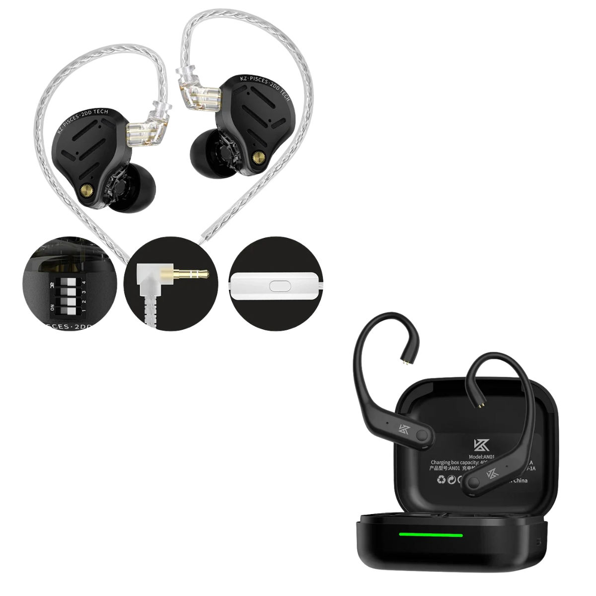 KZ Pisces 2DD IEM With Mic & KZ AN01 ANC Enabled True Wireless Adapter