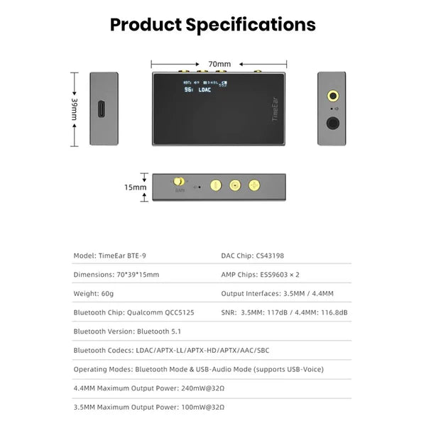 TimeEar BTE 9 Wireless Bluetooth Portable DAC & Amp
